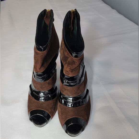 Tory Burch Lucille Brown Leather Peep Toe Logo Ankle US 9M - Picture 3 of 14